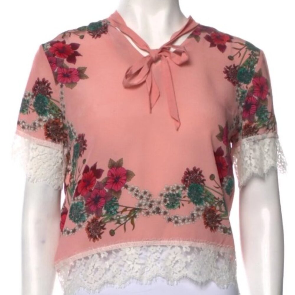 Sandro Pink Silk Lace Trim Floral Print Crop Top Size: S (Orig. $225) - Picture 3 of 5